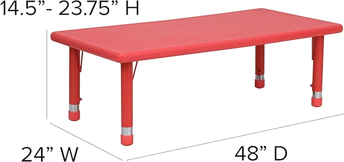 Flash Furniture Emmy 24''W x 48''L Rectangular Red Plastic Height Adjustable Activity Table Set with 6 Chairs