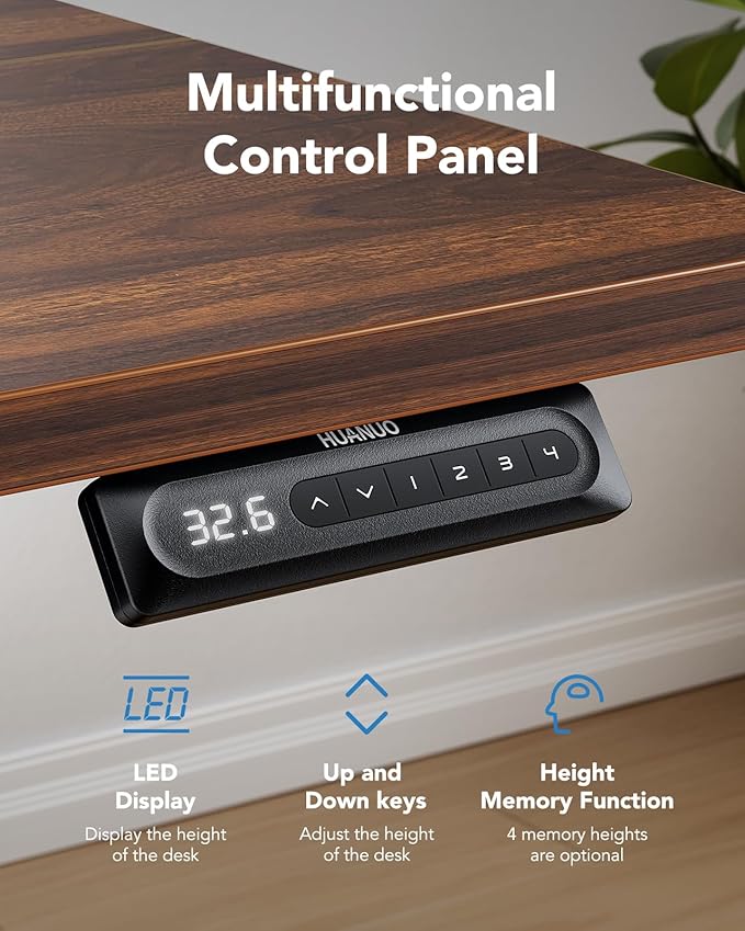 HUANUO 48" x 24" Electric Standing Desk Adjustable Height, 4 Memory Height Settings, Headphone Hook, Cable Manager, Sit Stand Up Desk for Home Office & Computer Workstation, Walnut