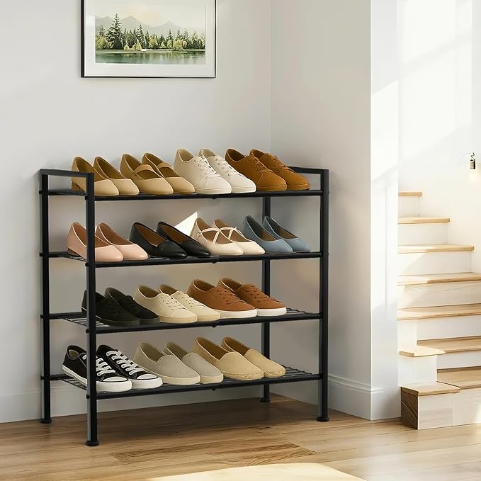 Simple 3 Tier Shoe Rack,Metal Stackable Shoe Storage Organizer for Closet,Entryway, Bedroom, Black (Black, 3-Tier)