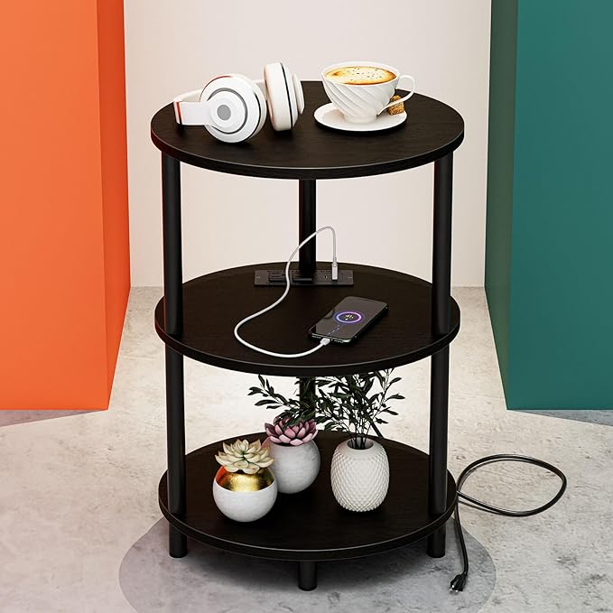Small Round Side Table - 3-Tier Oval Accent Table for Small Spaces, Rustic Wood and Metal Nightstand for Living Room or Bedroom, Built-in USB Ports and Power Outlet, Charcoal Wenge