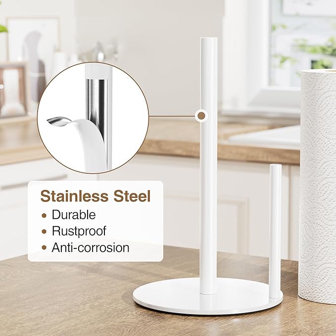 Paper Towel Holder White Kitchen Roll Holder, Paper Towel Holder for Kitchen Roll Organize, Countertop Roll Dispenser with Weighted Base