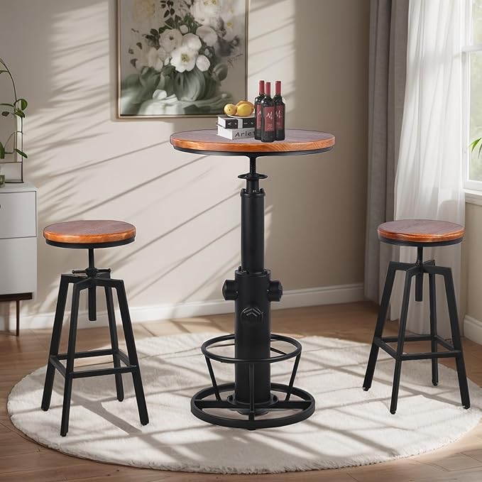 Vintage Bistro Table Height Adjustable 38.6-44.4inch Industrial Bar Table for Kitchen Dining Room Coffee House Pub Office Swivel Round Wooden Top for 2-3 People