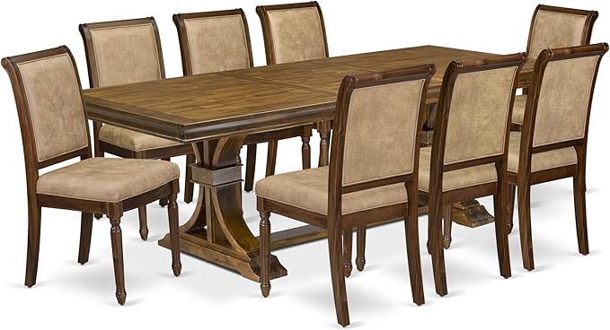 LECY9-AWA-28 9-Piece Dining Room Set Consists of a Dining Table and 8 Beige Polyester Fabric Kitchen Chairs with High Back - Antique Walnut Finish