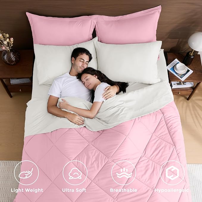 HEVUMYI Full Comforter Set - 7-Piece All Season Bed in a Bag Full, Ultra Soft Bedding Set with Comforter, Flat Sheet, Fitted Sheet, Pillowcases, Pillow Shams, Pink & Ivory