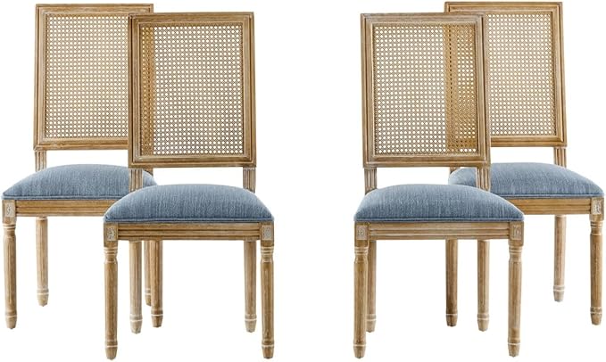 Merax Upholstered Solid Wood Dining Chairs Set of 4, French Country Style Accent Side Seating Furniture for Kitchen, Living Room, Wicker Back, Slate Blue