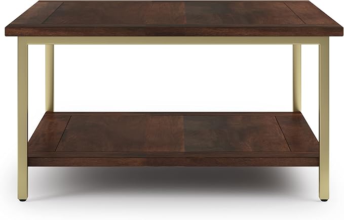 SIMPLIHOME Skyler SOLID MANGO WOOD and Metal 34 inch Wide Square Industrial Coffee Table in Dark Brown / Gold for the Living Room and Family Room