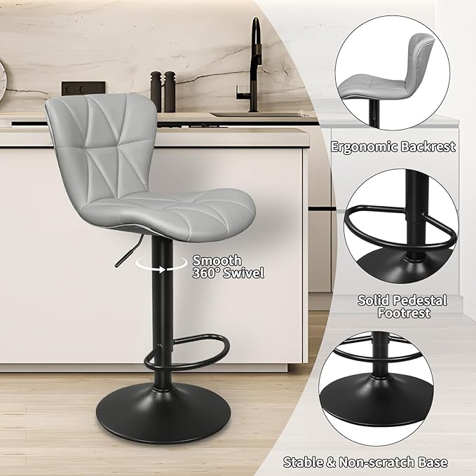 Bar Stools Set of 2, Adjustable Swivel Bar Chairs with Shell Back, PU Leather Counter Height Bar Stools for Kitchen lsland, Light Grey