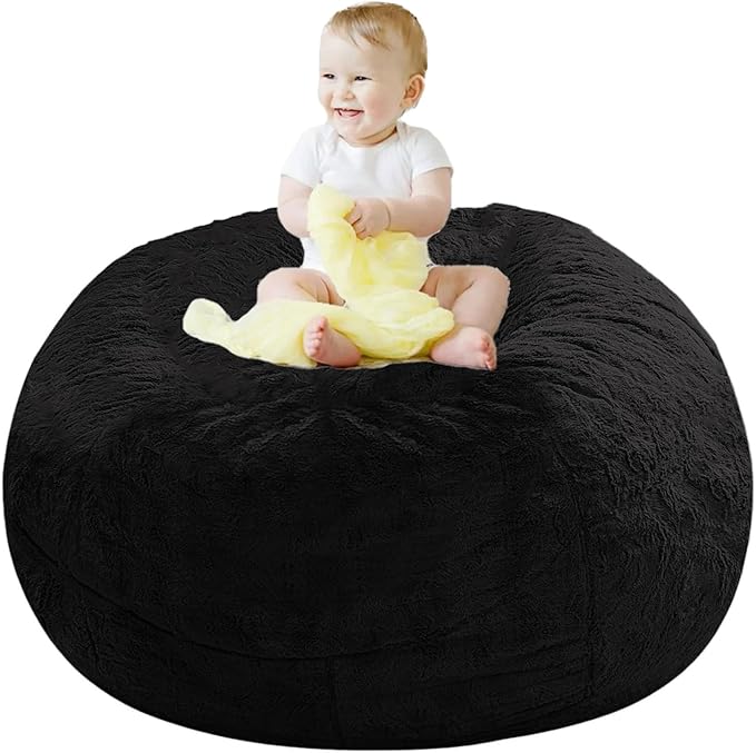 Giant Fur Bean Bag Chair Cover for Kids Adults, (No Filler) Living Room Furniture Big Round Soft Fluffy Faux Fur Beanbag Lazy Sofa Bed Cover (Black, 3FT)