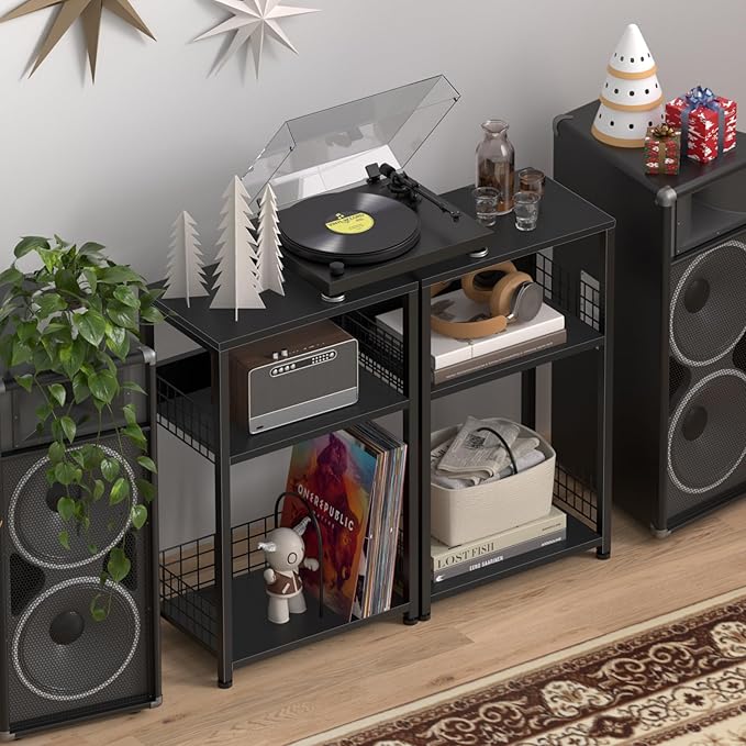 LELELINKY Side Table with Storage, Black Night Stand for Small Spaces, 3 Tier Industrial Wooden Record Player Holder with Vinyl Storage Shelf, End Tables Printer Stand for Bedroom