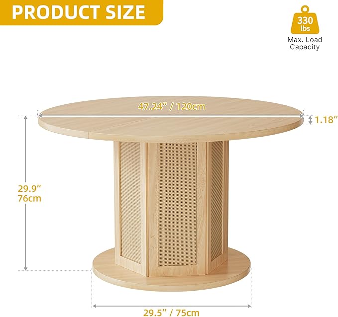 DWVO Round Dining Table for 4-6 People 47 Inch Farmhouse Kitchen Table with Rattan Circular Base Wooden Dinner Table for Dining Room Family Gathering, Natural Oak
