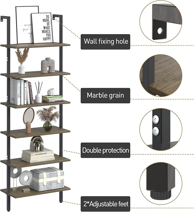 Ladder Shelf Black 6 Tiers Modern Bookshelf Room Organizer Open Tall Wall Mount Bookcase Standing Leaning Wall Shelves Industrial Decorative Living Room Bed Room (Brown)