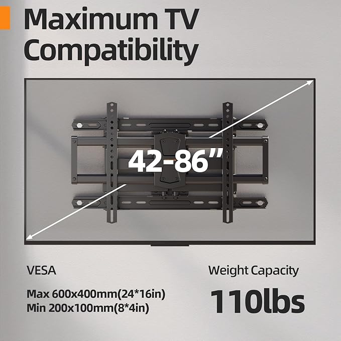 IWORKBORAD 42-86 '' Full Motion TV Wall Mount 24 Inch Studs, Heavy Duty TV Mount 24 inch Studs, Swivel Tilt Extension Level, up to 110 lbs & 600x400mm VESA