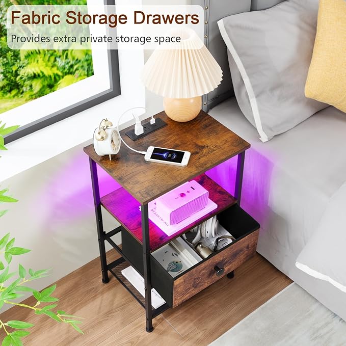 Night Stand Set 2, LED Nightstand with Charging Station, End Tables Living Room with Fabric Drawer for Small Spaces, Side Tables with Storage Shelf for Bedroom, Brown HETS01PBR