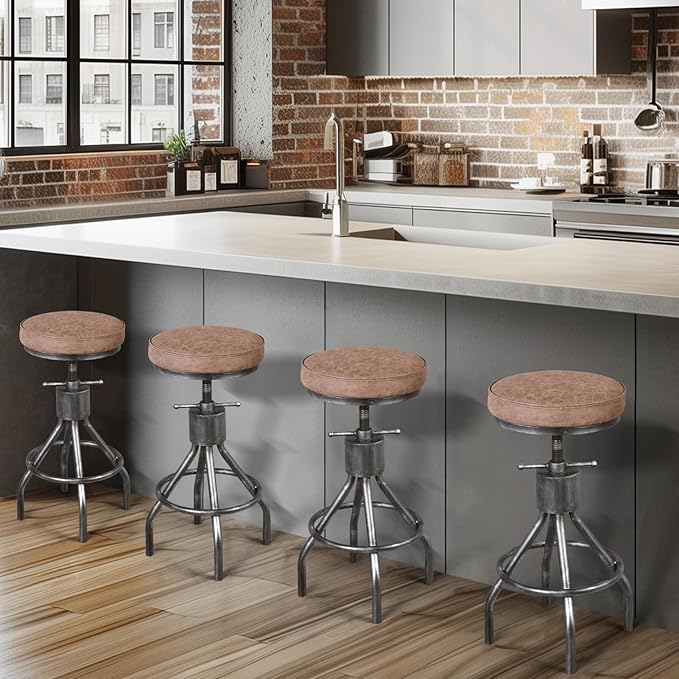 Industrial Bar Stools Swivel Pu Seat Vintage Kitchen Island Counter Stool 23-33inch Height Adjustable Rustic Shop Chair (Set of 2)
