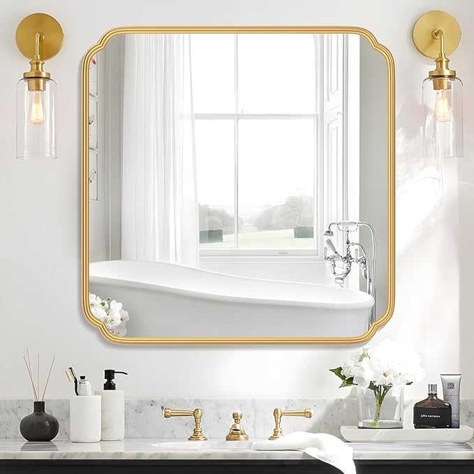 Gold Bathroom Mirror for Wall 36" x 36" Square Bathroom Vanity Mirror Farmhouse, Large Rounded Rectangle Mirror, Anti-Rust, Tempered Glass, Hangs Horizontally or Vertically