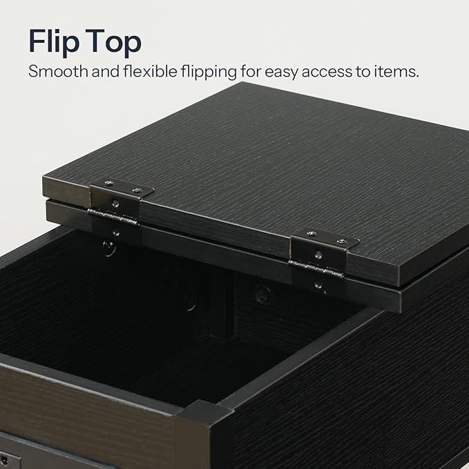 HOOBRO End Table with Charging Station, Flip Top Side Table with USB Ports, Narrow Nightstand Bedside Tables with Storage Shelves, for Small Space, Living Room, Black BK141UBZ01