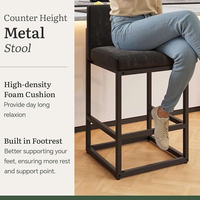 Barstools Set of 2 Black Metal Bar Stools Modern Bar Chairs Pu Leather for Kitchen Island Counter Height Cafe Resturant Stools, 26 Inch