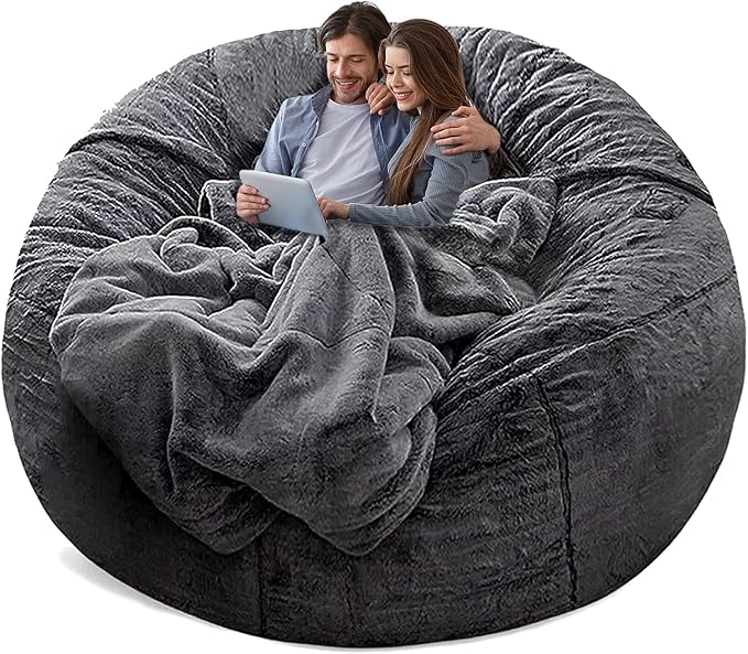 (No Filler) Bean Bag Chair Cover Without Filler,Big Round Soft Fluffy PV Velvet Washable Bean Bag Lazy Sofa Bed Cover for Adults,Living Room Bedroom Furniture Outside,5ft Dark Grey