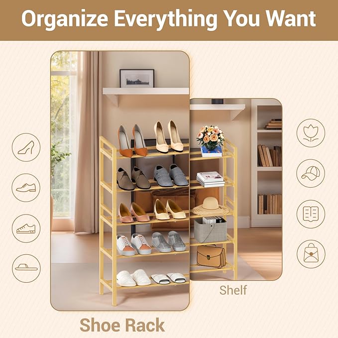 Haddockway Bamboo Shoe Rack for Closet, Free Standing Shoe Organizer with Smooth Round Rods & Convenient Handles, Stackable Shoe Storage Shelf for Entryway, Hallway(Natural, 5-Tier)
