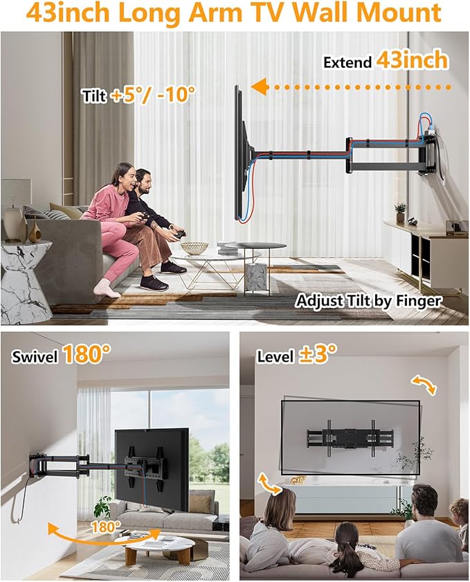 FORGING MOUNT Long Reach TV Wall Bracket Mount Swivel Tilt Full Motion TV Bracket 43 inch Articulating Arm Wall Mount,Fits 50 to 100 Inch Flat/Curve TVs,Holds 198LBS,VESA 800x600mm