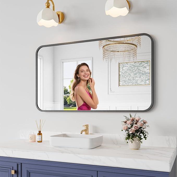 Metal Framed Bathroom Mirror, 24"X42" Anti-Rust Bathroom Vanity Mirror, High-Definition Tempered Glass Bathroom Mirrors for Over Sink, Modern Decorative Wall Mirror for Restroom