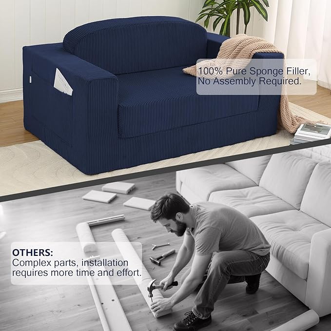 MeMoreCool Transform Your Space – 2-in-1 Corduroy Loveseat & Sleeper, Boneless High-Density Foam Floor Sofa with Removable Washable Cover, Fold-Out Couch for Apartments & Guest Stays