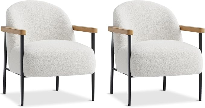 Garvee Modern Accent Chair Set of 4, White Comfy Chair with Teddy Fabric, Wood Arms (2, White)