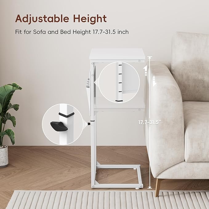 Vagusicc C Shaped End Table, Set of 2 Tall Side Table for Couch, Adjustable Height Small Couch Side Table for Small Spaces, End Table Slide Under Sofa Table TV Tray Arm Table for Living Room, White