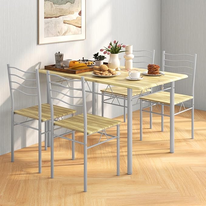 5 Piece Dining Table Set for 4 Chairs Modern Wood Metal Kitchen Breakfast Furniture (Shallow Walnut)