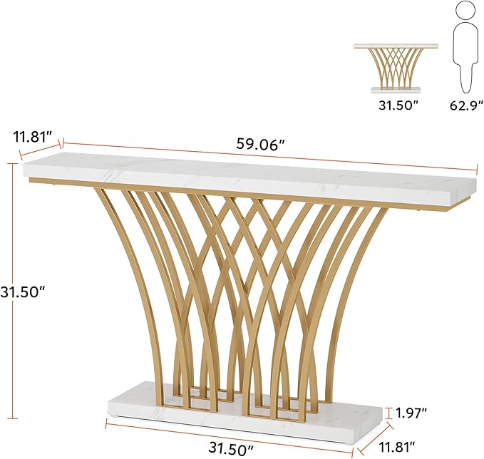 Tribesigns 59 inch Gold Console Table, Modern Entryway Table with Grid-Shaped Metal Base for Entrance, Hallway, Entryway, Living Room(White Faux Marble & Gold)