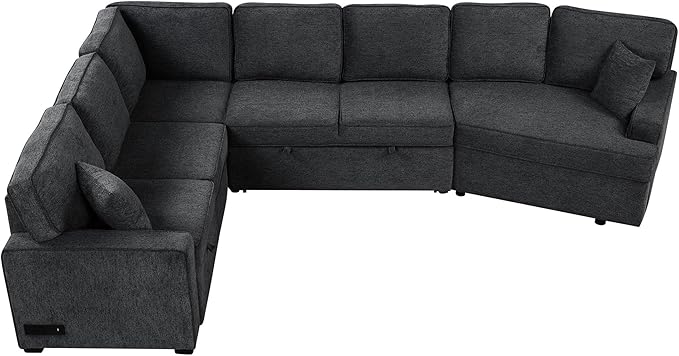 126" Extra Large Pull-Out Sofa Bed with Drop-Down Cup Holder Tables,L-Shaped Sectional Couch W/Charging Device,Convenient Sleeper Furniture Set for LivingRoom Apartment,Beige Chenille