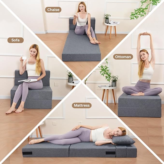 Folding Sofa Bed, Convertible Futon Sofa Bed with Pillow, Foldable Sleeper Chair with Washable Cover, Fold Out Couch for Guest Room, Living Room, Dorm, Single Size, Light Grey