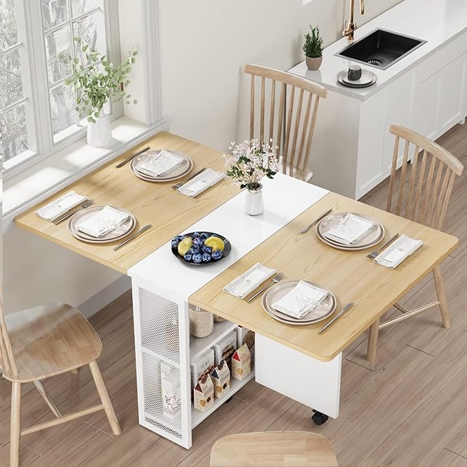 IDEALHOUSE Folding Dining Table, Drop Leaf Dining Table with 6 Wheels and 2-Layer Storage Shelf, Space Saving Dining Table for Small Spaces (Natural Wood, 50.1" D x 31.4" W x 29.5" H)