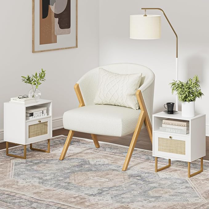 Masupu Rattan Nightstand,Modern Boho Farmhouse Wood Bedside Table with Storage Drawer and Open Shelf,Small Gold Frame Side End Table for Bedroom,Living Room,Office(White)