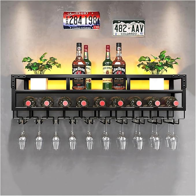 Pengfei LED Wine Rack Wall Mounted, Industrial Metal Wall Wine Shelf & Glass Holder, Large Floating Shelves Wine Bottle Storage Display Rack for Home Bar Dining Room Decor, Black