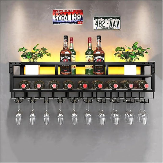 Pengfei LED Wine Rack Wall Mounted, Industrial Metal Wall Wine Shelf & Glass Holder, Large Floating Shelves Wine Bottle Storage Display Rack for Home Bar Dining Room Decor, Black