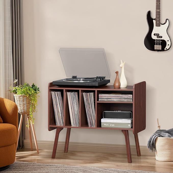 Lerliuo Record Player Stand with 4 Cabinet Holds Up to 220 Albums, Large Turntable Stand with Beech Wood Legs, Mid-Century Record Player Table,Walnut Vinyl Holder Storage Shelf for Bedroom Living Room
