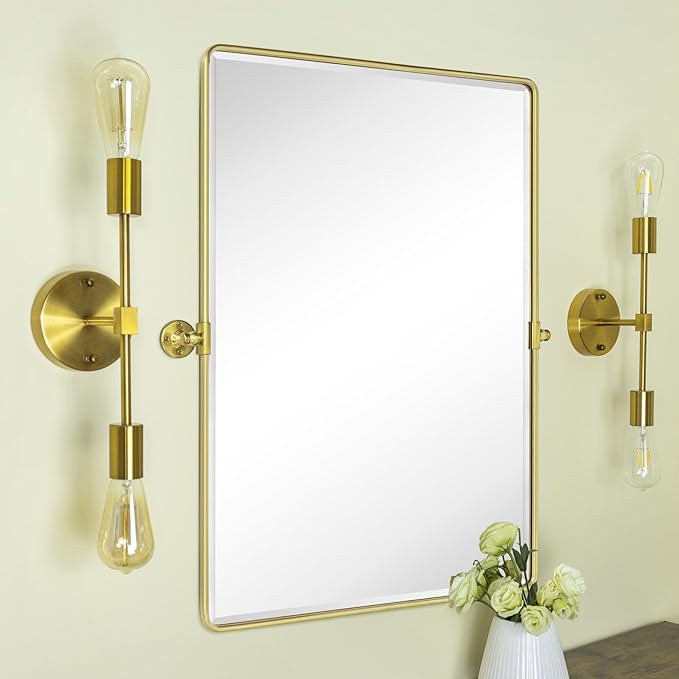TEHOME 30x40'' Brushed Gold Pivoting Bathroom Vanity Mirror 40x30'' Brushed Brass Metal Framed Rectangle Tilting Beveled Vanity Mirrors for Wall