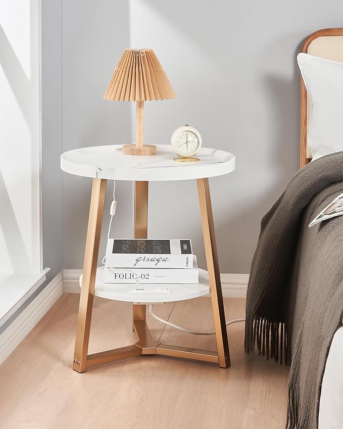 Round End Table with Charging Station, 19.7" Dia x 23.63" H, Side Table with Storage Shelf, for Living Room, Bedroom, Faux Marble Top, Gold & White
