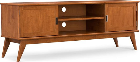 SIMPLIHOME Draper Solid Hardwood 72 inch Wide Mid Century Modern TV Media Stand in Teak Brown for TVs up to 80 inches for The Living Room and Entertainment Center