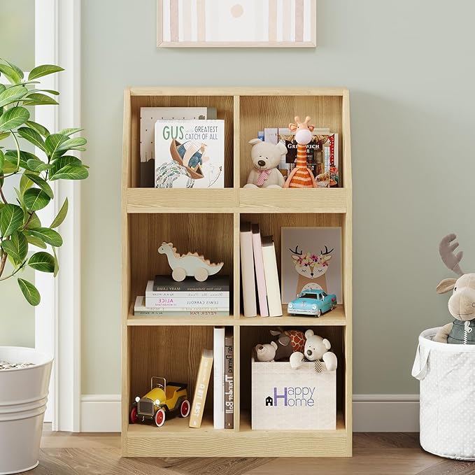 6-Cube Wooden Storage Bookcase - 11-Inch Open Shelf Cabinet, Simple Modern Bookshelf Organizer for Home Office, Living Room, Oak