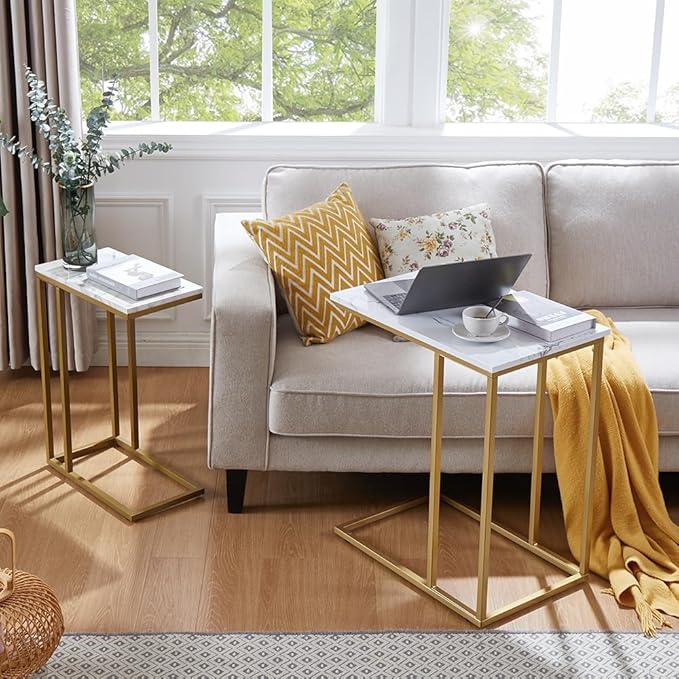 Large Size C Shaped Side Table End Table for Couch, Gold Side End Table with White Faux Marble Top, Modern Living Room Tray Table