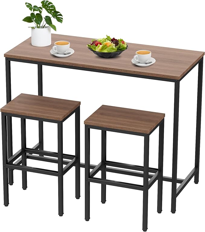 Aklaus Bar Table and Chairs Set 44" Dining Table Set Pub Bar Table with 2 Stools 3-Piece Kitchen Breakfast Table Set for Living Room Dining Room Sturdy Metal FrameBrown