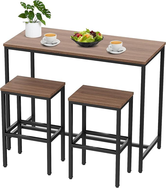 Aklaus Bar Table and Chairs Set 44" Dining Table Set Pub Bar Table with 2 Stools 3-Piece Kitchen Breakfast Table Set for Living Room Dining Room Sturdy Metal FrameBrown
