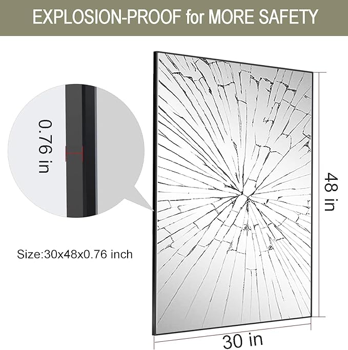 Wall Mirror 32x48, Rectangle Bathroom Mirror 32 x 48 inch, Black Metal Wall Mirror, Large Vanity Mirror 32 by 48 Modern Wall Mounted Mirrors for Hallway, Living Room, Bedroom