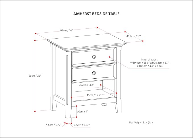 SIMPLIHOME Amherst SOLID WOOD 24 Inch Wide Traditional Bedside Nightstand Table in Fog Grey, For the Living Room and Bedroom