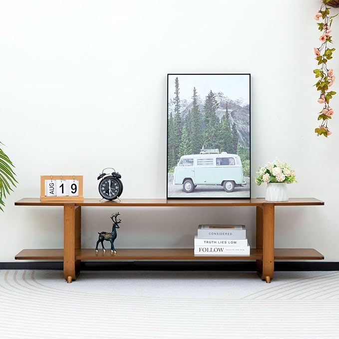 HollyHOME Bamboo TV Stand with Storage for TVs up to 65'', Modern Entertainment Center with 2 Open Shelf, Accent Media Console Table for Living Room, Bedroom, 55"(L), Walnut