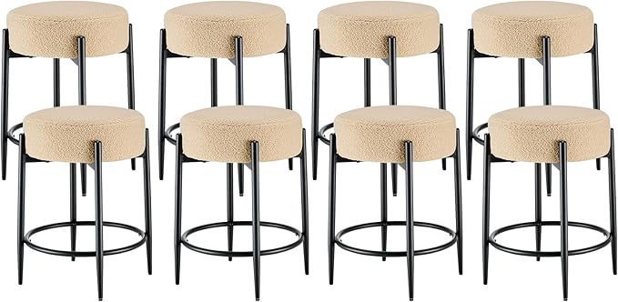 Dining Room Chairs Set of 8, 23.6" Sherpa Backless Beige Boucle Dining Chair, Mid Century Modern Living Room Round Upholstered Chairs with Black Metal Legs