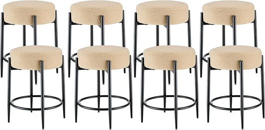 Dining Room Chairs Set of 8, 23.6" Sherpa Backless Beige Boucle Dining Chair, Mid Century Modern Living Room Round Upholstered Chairs with Black Metal Legs