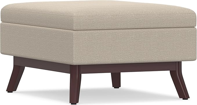 SIMPLIHOME Owen 34 inch Wide Mid Century Modern Rectangle Coffee Table Storage Ottoman in Natural Linen Look Fabric, Assembled, for the Living Room, Entryway and Family Room